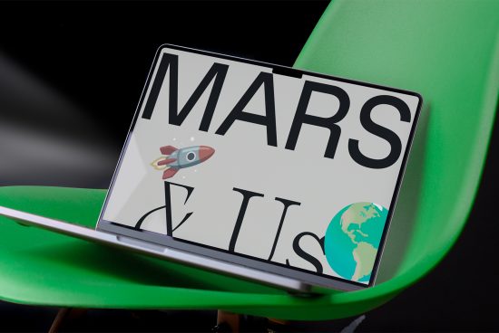 Laptop on green chair displaying Mars graphic design mockup with rocket and Earth, highlighting modern fonts and digital art.